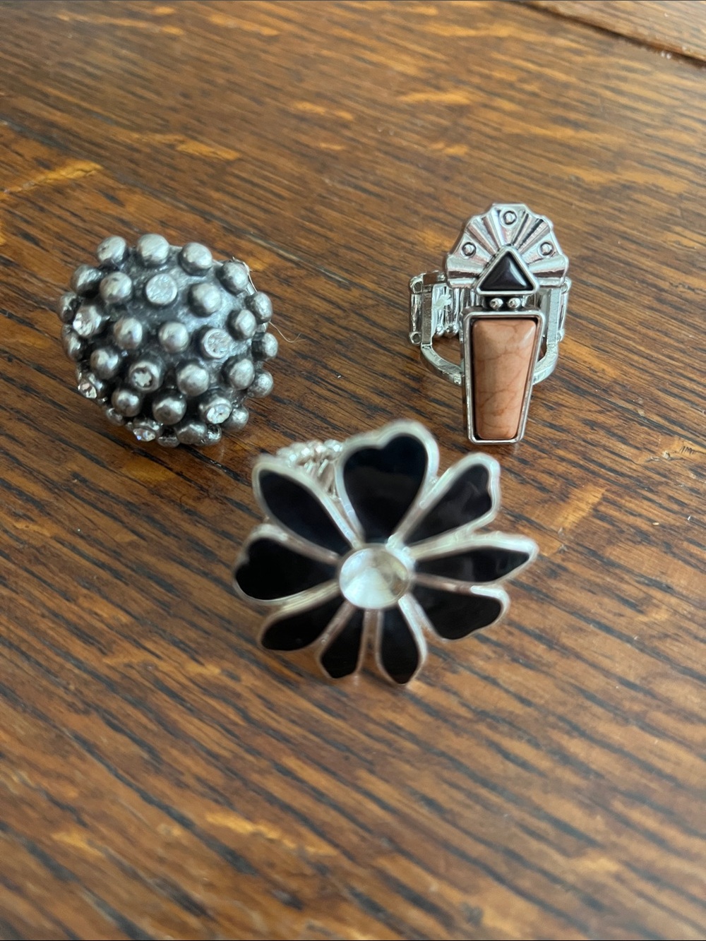 Trio of Silver Statement Rings with Black and Tan Accents